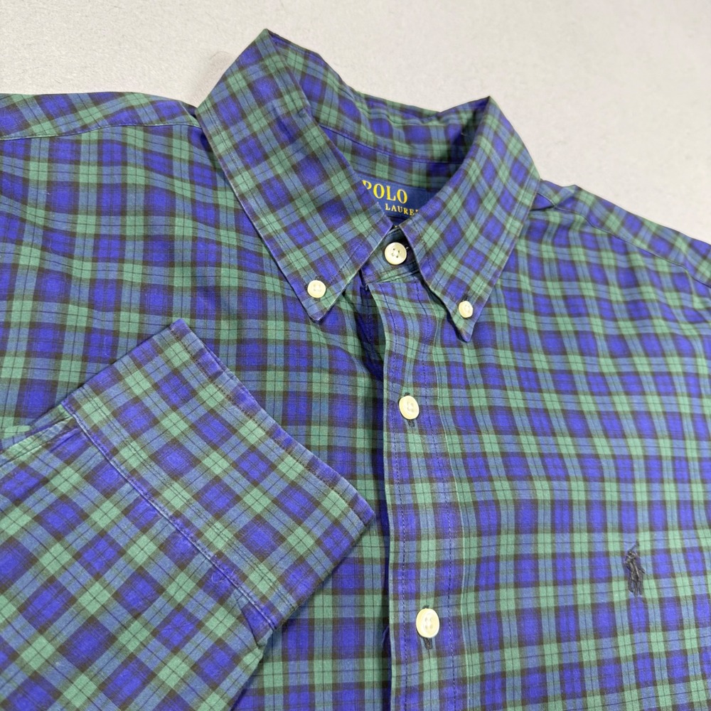 Polo Ralph Lauren Mens Green Blue Plaid Long Sleeve Button Down Shirt